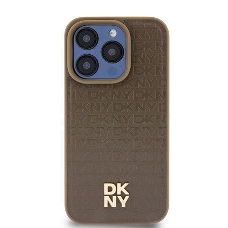 Husa iPhone 15 Pro - DKNY Leather Monogram Pattern Metal Logo MagSafe (DKHMP15LPSHRPSW) - Brown