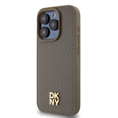 Husa iPhone 15 Pro - DKNY Leather Monogram Pattern Metal Logo MagSafe (DKHMP15LPSHRPSW) - Brown