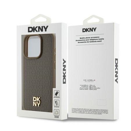 Husa iPhone 15 Pro - DKNY Leather Monogram Pattern Metal Logo MagSafe (DKHMP15LPSHRPSW) - Brown