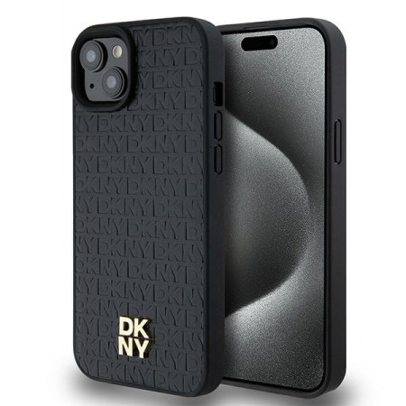 Husa iPhone 15 Plus - DKNY Leather Monogram Pattern Metal Logo MagSafe (DKHMP15MPSHRPSK) - Black