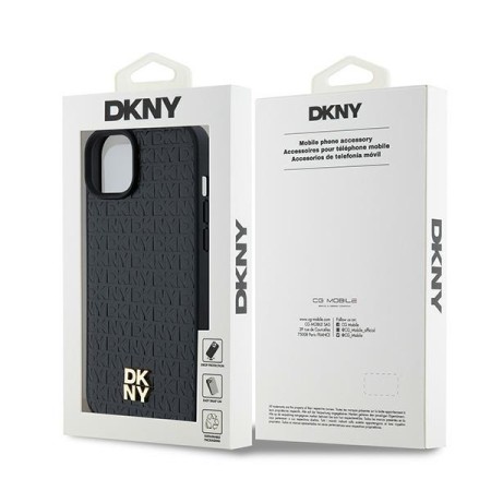 Husa iPhone 15 Plus - DKNY Leather Monogram Pattern Metal Logo MagSafe (DKHMP15MPSHRPSK) - Black