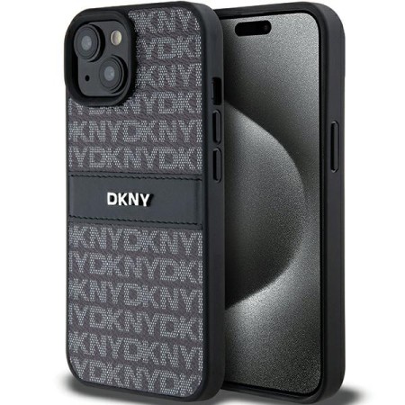 Husa iPhone 15 - DKNY Leather Mono Stripe and Metal Logo (DKHCP15SPRTHSLK) - Black