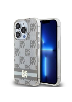 Husa iPhone 15 Pro Max - DKNY IML Checkered Mono Pattern and Printed Stripes MagSafe (DKHMP15XHCPTSE) - Beige