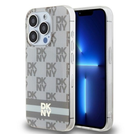 Husa iPhone 15 Pro Max - DKNY IML Checkered Mono Pattern and Printed Stripes MagSafe (DKHMP15XHCPTSE) - Beige