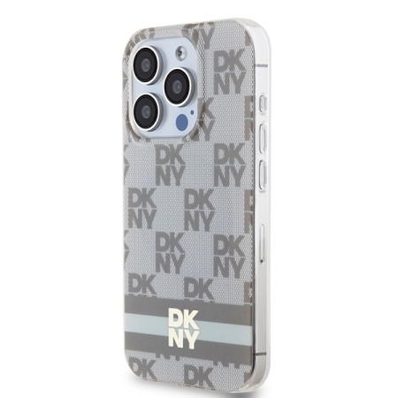 Husa iPhone 15 Pro Max - DKNY IML Checkered Mono Pattern and Printed Stripes MagSafe (DKHMP15XHCPTSE) - Beige