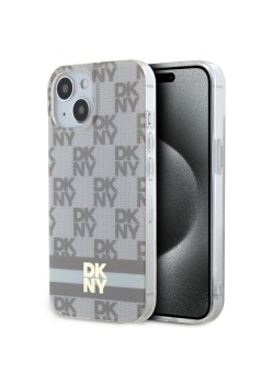 Husa iPhone 15 Plus - DKNY IML Checkered Mono Pattern and Printed Stripes MagSafe (DKHMP15MHCPTSE) - Beige