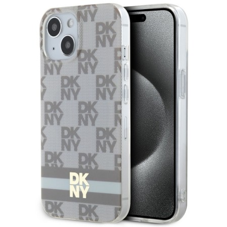 Husa iPhone 15 Plus - DKNY IML Checkered Mono Pattern and Printed Stripes MagSafe (DKHMP15MHCPTSE) - Beige