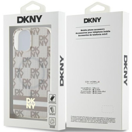 Husa iPhone 15 Plus - DKNY IML Checkered Mono Pattern and Printed Stripes MagSafe (DKHMP15MHCPTSE) - Beige