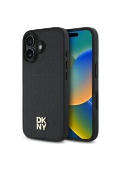 Husa iPhone 16 - DKNY Leather Hardcase Repeat Pattern Stack Logo MagSafe (DKHMP16SPSHRPSK) - Black