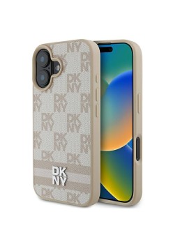 Husa iPhone 16 - DKNY Leather Hardcase Checkered Pattern and Printed Stripes (DKHCP16SPCPTSSP) - Pink