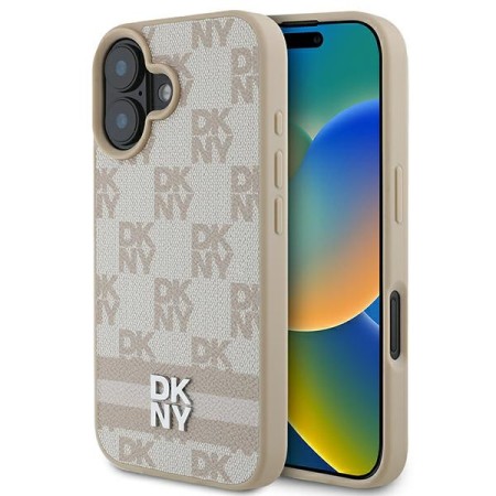 Husa iPhone 16 - DKNY Leather Hardcase Checkered Pattern and Printed Stripes (DKHCP16SPCPTSSP) - Pink