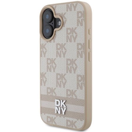 Husa iPhone 16 - DKNY Leather Hardcase Checkered Pattern and Printed Stripes (DKHCP16SPCPTSSP) - Pink