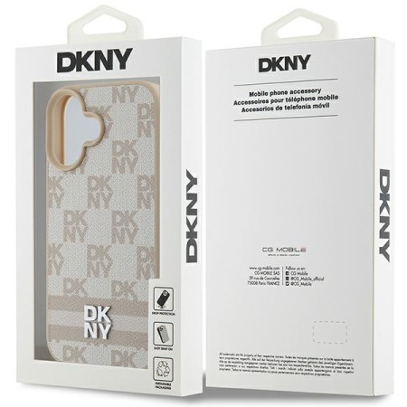 Husa iPhone 16 - DKNY Leather Hardcase Checkered Pattern and Printed Stripes (DKHCP16SPCPTSSP) - Pink