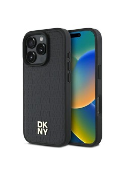 Husa iPhone 16 Pro - DKNY Leather Hardcase Repeat Pattern Stack Logo MagSafe (DKHMP16LPSHRPSK) - Black