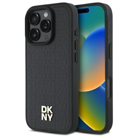 Husa iPhone 16 Pro - DKNY Leather Hardcase Repeat Pattern Stack Logo MagSafe (DKHMP16LPSHRPSK) - Black