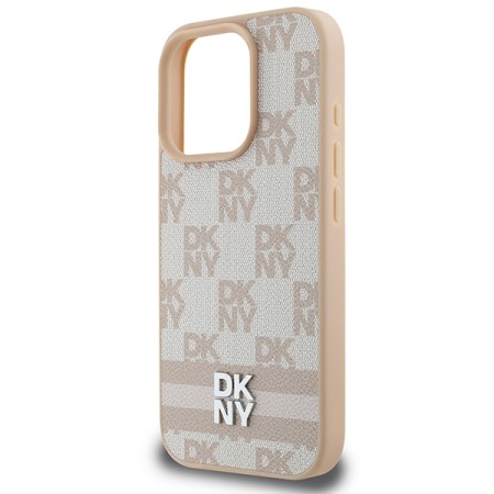 Husa iPhone 16 Pro - DKNY Leather Hardcase Checkered Pattern and Printed Stripes (DKHCP16LPCPTSSP) - Pink