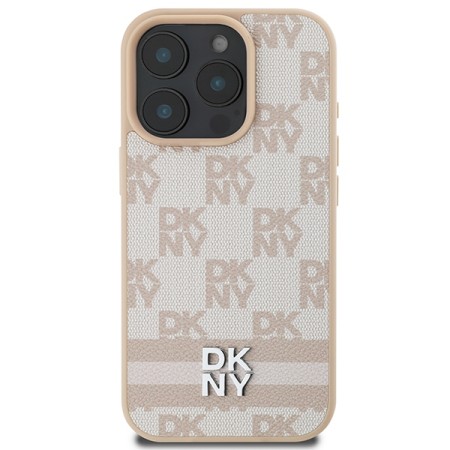 Husa iPhone 16 Pro - DKNY Leather Hardcase Checkered Pattern and Printed Stripes (DKHCP16LPCPTSSP) - Pink