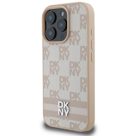 Husa iPhone 16 Pro - DKNY Leather Hardcase Checkered Pattern and Printed Stripes (DKHCP16LPCPTSSP) - Pink