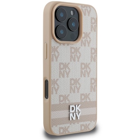 Husa iPhone 16 Pro - DKNY Leather Hardcase Checkered Pattern and Printed Stripes (DKHCP16LPCPTSSP) - Pink