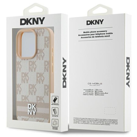 Husa iPhone 16 Pro - DKNY Leather Hardcase Checkered Pattern and Printed Stripes (DKHCP16LPCPTSSP) - Pink