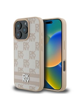 Husa iPhone 16 Pro Max - DKNY Leather Hardcase Checkered Pattern and Printed Stripes (DKHCP16XPCPTSSP) - Pink