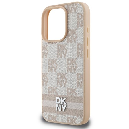 Husa iPhone 16 Pro Max - DKNY Leather Hardcase Checkered Pattern and Printed Stripes (DKHCP16XPCPTSSP) - Pink