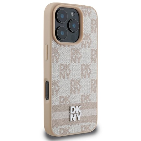 Husa iPhone 16 Pro Max - DKNY Leather Hardcase Checkered Pattern and Printed Stripes (DKHCP16XPCPTSSP) - Pink