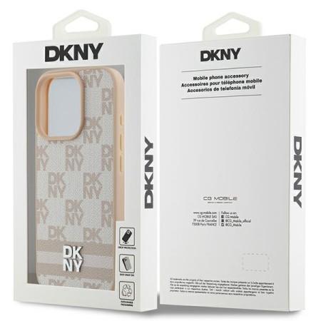 Husa iPhone 16 Pro Max - DKNY Leather Hardcase Checkered Pattern and Printed Stripes (DKHCP16XPCPTSSP) - Pink