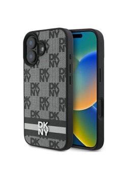 Husa iPhone 16 - DKNY Leather Hardcase Checkered Pattern and Printed Stripes(DKHCP16SPCPTSSK) - Black