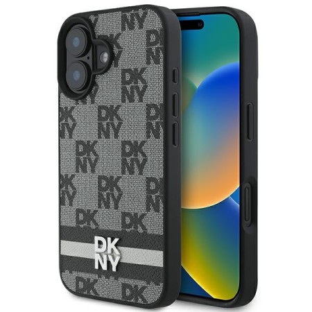 Husa iPhone 16 - DKNY Leather Hardcase Checkered Pattern and Printed Stripes(DKHCP16SPCPTSSK) - Black