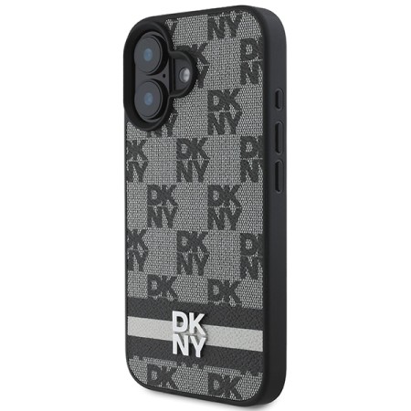 Husa iPhone 16 - DKNY Leather Hardcase Checkered Pattern and Printed Stripes(DKHCP16SPCPTSSK) - Black