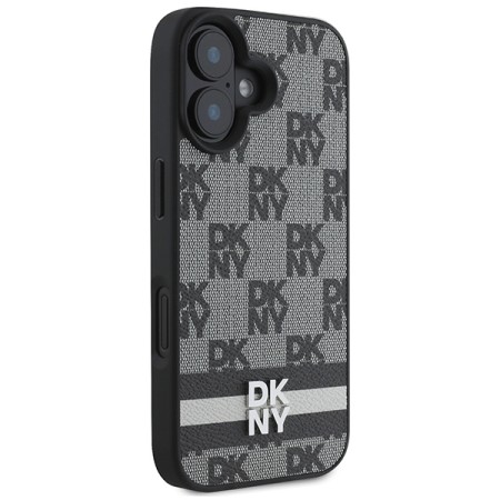 Husa iPhone 16 - DKNY Leather Hardcase Checkered Pattern and Printed Stripes(DKHCP16SPCPTSSK) - Black