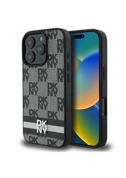 Husa iPhone 16 Pro - DKNY Leather ardcase Checkered Pattern and Printed Stripes (DKHCP16LPCPTSSK) - Black