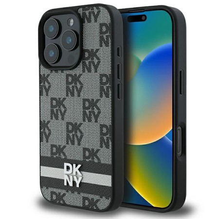 Husa iPhone 16 Pro - DKNY Leather ardcase Checkered Pattern and Printed Stripes (DKHCP16LPCPTSSK) - Black