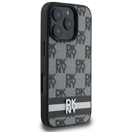 Husa iPhone 16 Pro - DKNY Leather ardcase Checkered Pattern and Printed Stripes (DKHCP16LPCPTSSK) - Black