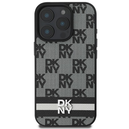 Husa iPhone 16 Pro - DKNY Leather ardcase Checkered Pattern and Printed Stripes (DKHCP16LPCPTSSK) - Black