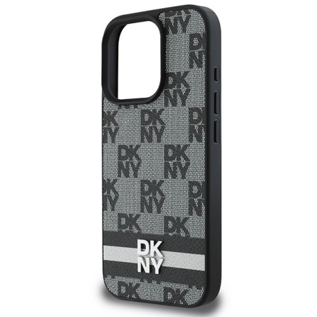 Husa iPhone 16 Pro - DKNY Leather ardcase Checkered Pattern and Printed Stripes (DKHCP16LPCPTSSK) - Black