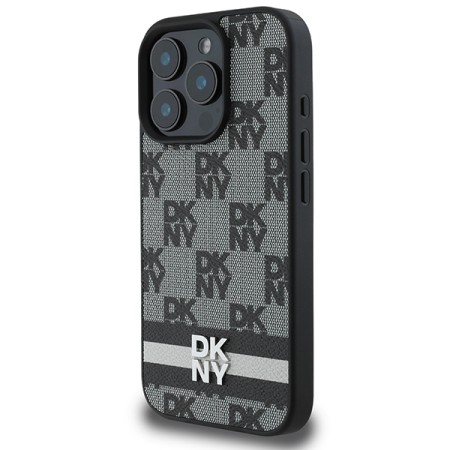 Husa iPhone 16 Pro - DKNY Leather ardcase Checkered Pattern and Printed Stripes (DKHCP16LPCPTSSK) - Black