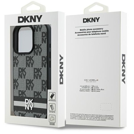 Husa iPhone 16 Pro - DKNY Leather ardcase Checkered Pattern and Printed Stripes (DKHCP16LPCPTSSK) - Black