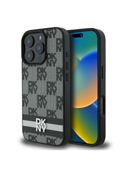 Husa iPhone 16 Pro Max - DKNY Leather Hardcase Checkered Pattern and Printed Stripes (DKHCP16XPCPTSSK) - Black