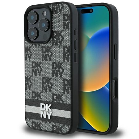 Husa iPhone 16 Pro Max - DKNY Leather Hardcase Checkered Pattern and Printed Stripes (DKHCP16XPCPTSSK) - Black