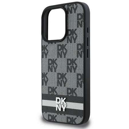 Husa iPhone 16 Pro Max - DKNY Leather Hardcase Checkered Pattern and Printed Stripes (DKHCP16XPCPTSSK) - Black