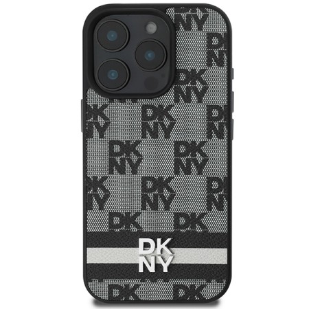 Husa iPhone 16 Pro Max - DKNY Leather Hardcase Checkered Pattern and Printed Stripes (DKHCP16XPCPTSSK) - Black