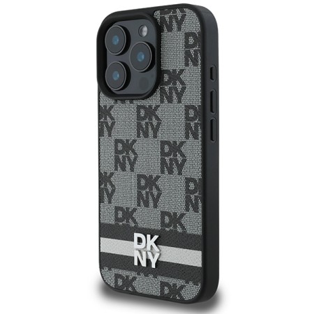 Husa iPhone 16 Pro Max - DKNY Leather Hardcase Checkered Pattern and Printed Stripes (DKHCP16XPCPTSSK) - Black