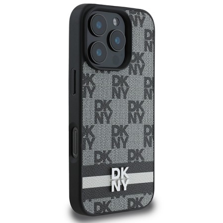 Husa iPhone 16 Pro Max - DKNY Leather Hardcase Checkered Pattern and Printed Stripes (DKHCP16XPCPTSSK) - Black