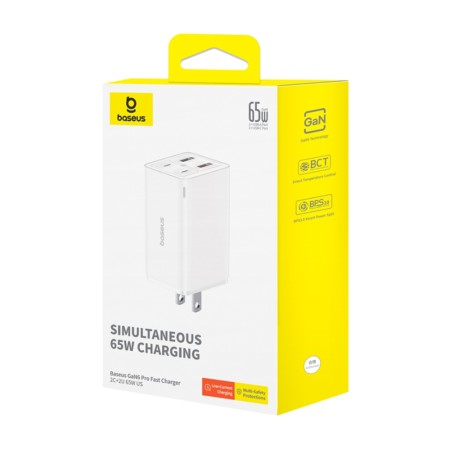 Incarcator US 2x USB, 2x Type-C, 65W + Cablu Type-C, 100W, 20V, 5A, 1m - Baseus GaN6 Pro (P10162702213-00) - White