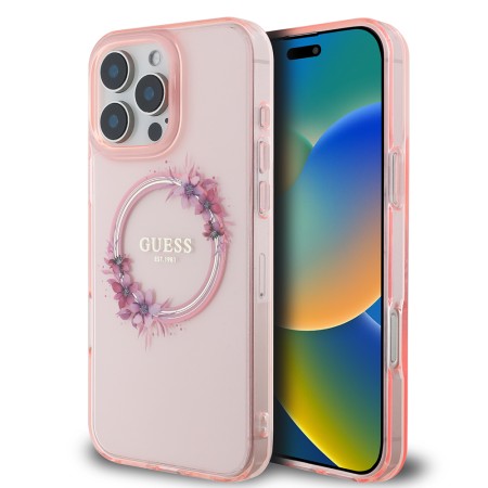 Husa pentru iPhone 16 Pro - Guess IML Flowers Wreath MagSafe (GUHMP16LHFWFCP) - Pink