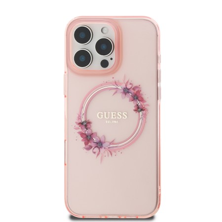 Husa pentru iPhone 16 Pro - Guess IML Flowers Wreath MagSafe (GUHMP16LHFWFCP) - Pink