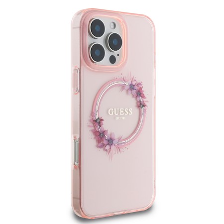 Husa pentru iPhone 16 Pro - Guess IML Flowers Wreath MagSafe (GUHMP16LHFWFCP) - Pink