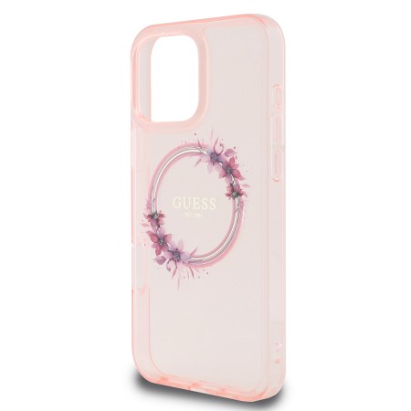 Husa pentru iPhone 16 Pro - Guess IML Flowers Wreath MagSafe (GUHMP16LHFWFCP) - Pink